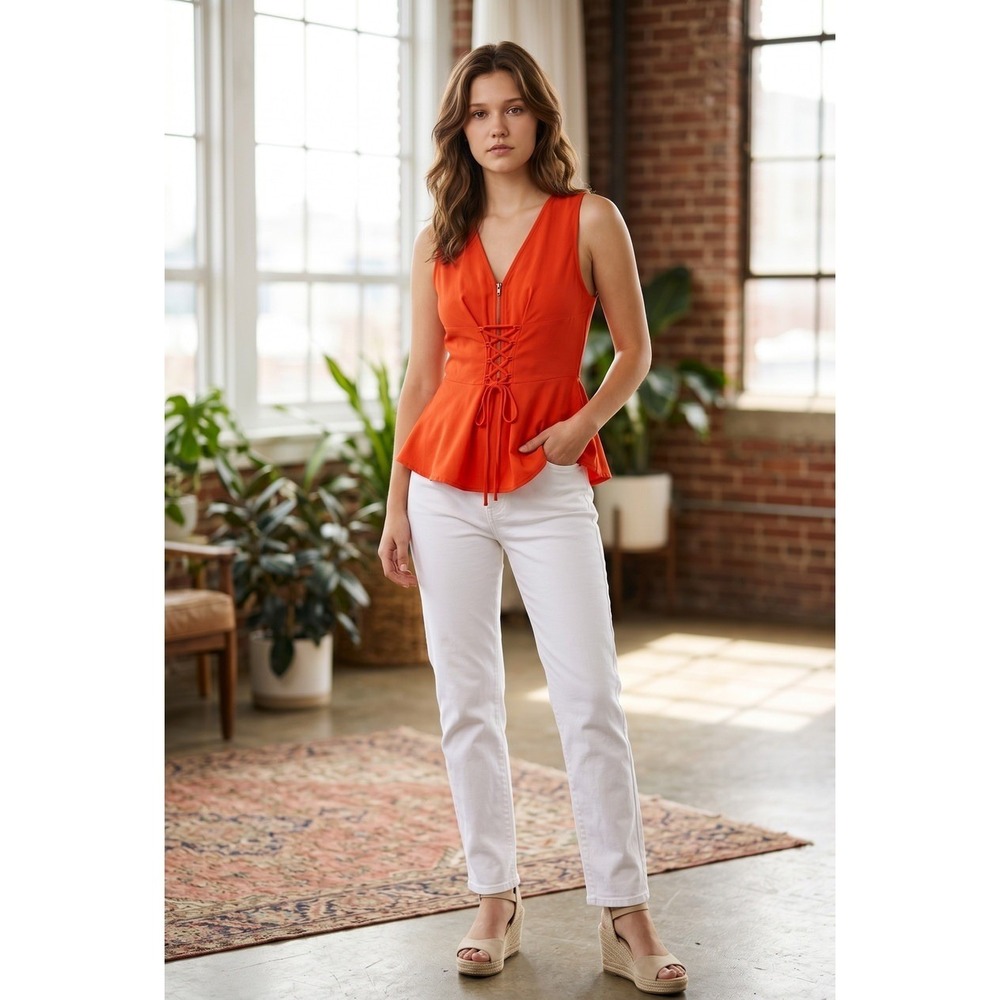 Free People NWT Orange Corset Lace Up Peplum Boho Festival Top $78